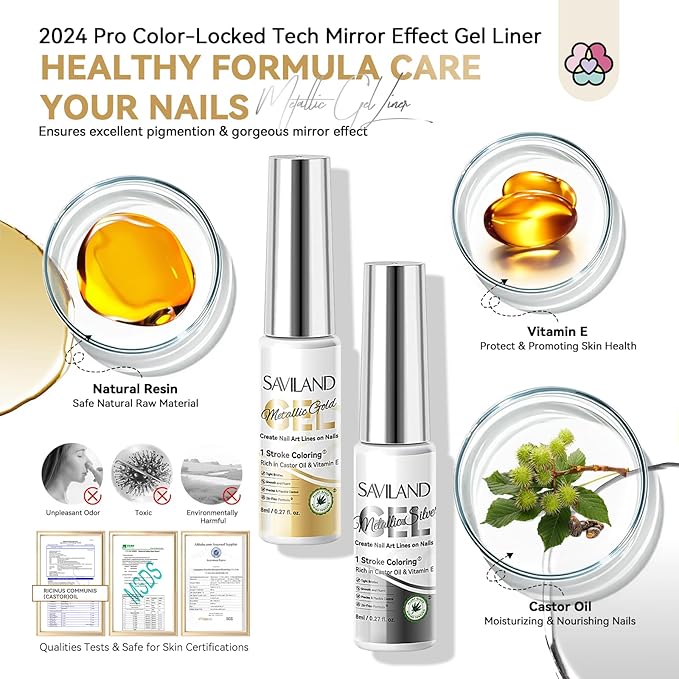 SAVILAND Metallic Gel Liner Nail Art: 2PCS Silver & Gold Metallic Gel Nail Polish Chrome 3D Effect Mirror Gels Polish Build in Thin Brush Metal Painting Gels Nails Design for Salon Home DIY