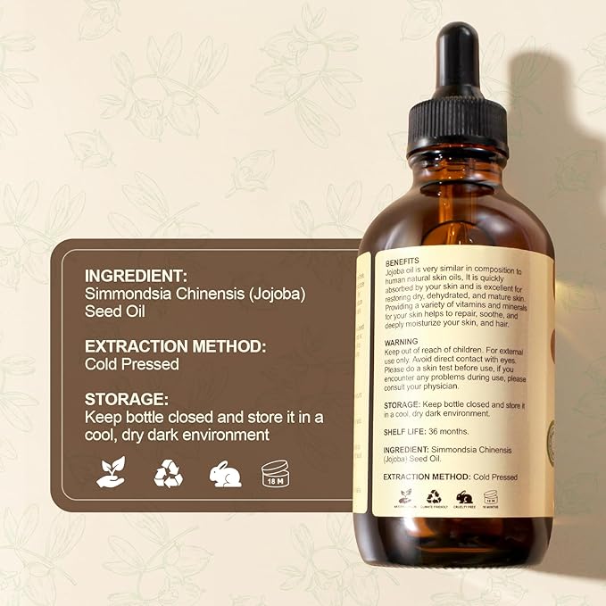 Yoken Jojoba Oil 4 fl oz EWG Verified 100% Pure Jojoba Oil Cold Pressed for Skin, Hair, Nails, Cuticles - Unrefined & Hexane Free, Natural Moisturizer Carrier oils Facial Serum for Gua Sha-VivaGrace Women