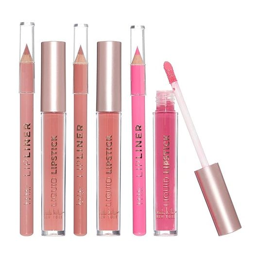 Nicole Miller Rosy Nudes Lip Collection | 6 Piece Set | 3 Luxurious Lip Liners & 3 Liquid Lip Sticks in Light Rose, Rosy Mauve, and Deep Peach-VivaGrace Women