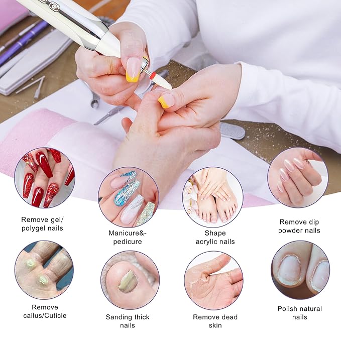 Electric Nail Drill File Cordless,Portable Rechargeable Nail File Kit for Acrylic & Gel Nails,Professional Efile for Manicure Pedicure Polishing,with 12 Nail Drill Bits 31 Sanding Bands,White-VivaGrace Women