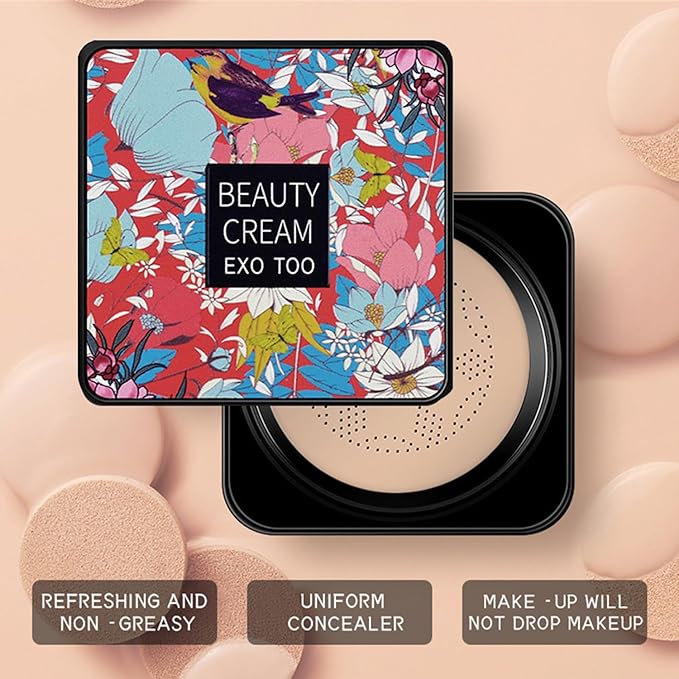 Beauty Cream EXO TOO Foundation, Beauty Cream Makeup Base, Moisturizing, Long Lasting Matte Air Cushion CC Cream Concealer with Two Mushroom Head Sponges-VivaGrace Women