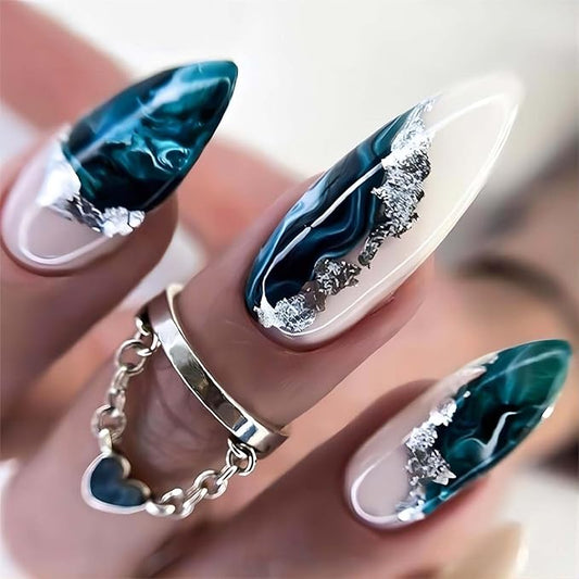 Almond Press-on Nails - Medium Length Fake Nails with Glue, Green Ombre Acrylic Designs, Silver Glitter, Dark Green Sfumato Glossy Artificial Nails, 24Pcs