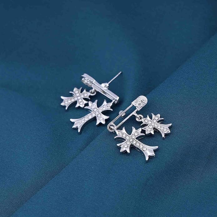 Vintage Crystal Cross Drop Earrings Rhinestone Cross Stud Earrings Silver Paperclip Earrings Sparkly Cz Crucifix Earrings Jewelry for Women-VivaGrace Women