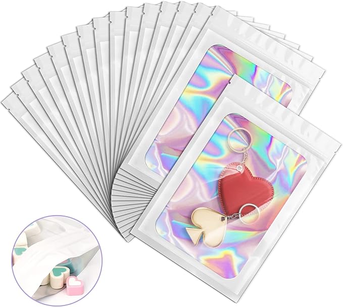 100 Pieces Smell Proof Mylar Bags, Holographic Packaging Bags, Resealable Odor Foil Pouch Zipper Bag with Clear Window for Food Storage and Lipgloss, Jewelry Lash(White, 4 x 6 Inch)-VivaGrace Women