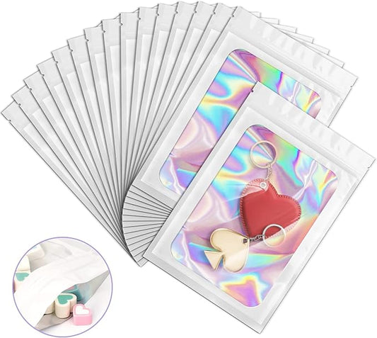 100 Pieces Smell Proof Mylar Bags, Holographic Packaging Bags, Resealable Odor Foil Pouch Zipper Bag with Clear Window for Food Storage and Lipgloss, Jewelry Lash(White, 4 x 6 Inch)-VivaGrace Women