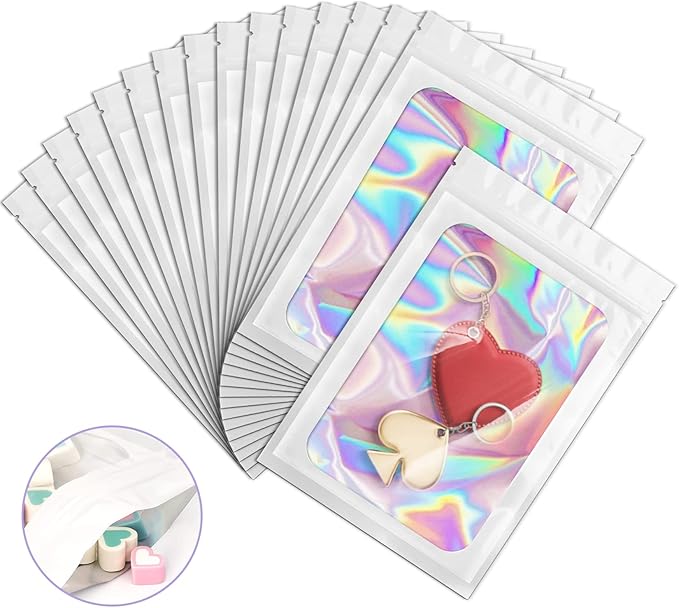 100 Pack Holographic Bags, Smell Proof Packaging Bags, Clear Window Resealable Odor Foil Pouch Mylar Bag for Food Storage and Lipgloss, Jewelry Lash (White, 3 x 4.7 Inch)-VivaGrace Women
