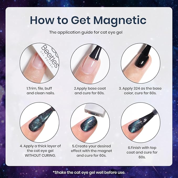 Beetles Cat Eye Gel Polish - Milky Way 6 Colors Gel Polish Set, Black Purple Blue Temperature Changing Glitter Nails, Halloween Galaxy Nails Kit with Magnet Stick Soak Off Uv Lamp Gel-VivaGrace Women