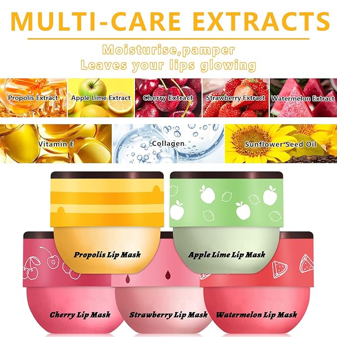 5 PCS Bee Balm Lip Balm Lip Mask Honey Pot, Lip Mask Propolis Moisturizing Lip Balm, Hydrating Prevention Dry and Cracked Lip Scrubs Exfoliator Lip Care (Strawberry&Watermelon&Honey&Apple Lime&Cherry)-VivaGrace Women