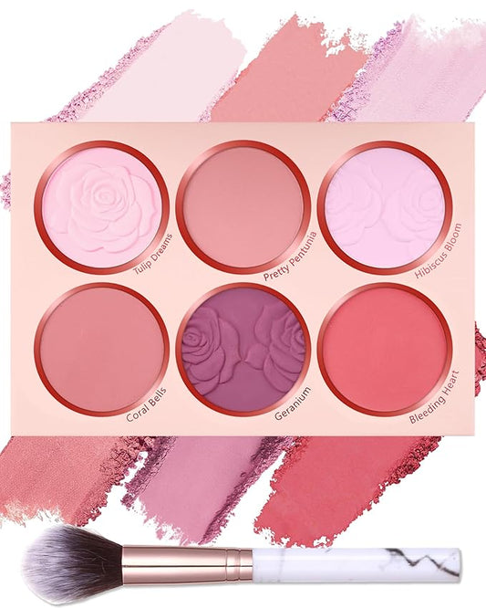 Matte Rose Face Blush Palette Kit with Brush-6 Colors Pink Purple Silky Mineral Blendable Blusher Contour Powder for Cheeks,Longlasting Facial Eyeshadow Beauty Cosmetic Makeup Gift for Women-Set 01-VivaGrace Women