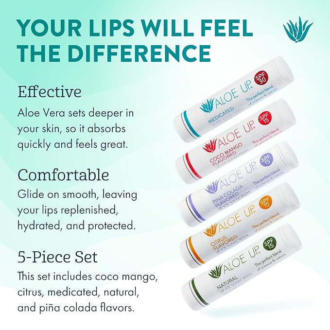 Aloe Up Lip Ice - Lip Balm 5-Pack - Includes SPF 15 Lip Balms and an SPF 30 Medicated Lip Balm - With Natural Moisturizing Oils and Hydrating Aloe Vera Gel - Alcohol-Free - Assorted Lip Care Pack-VivaGrace Women