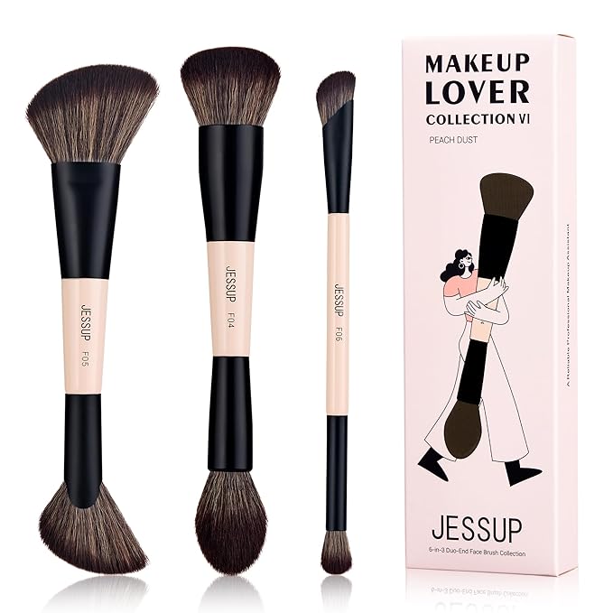 Jessup Face Makeup Brushes 3pcs Double Ended Makeup Brush Set for Foundation Contour Blush Highlight and Powder, Premium Synthetic Make up Brushes Peach Dust T508-VivaGrace Women