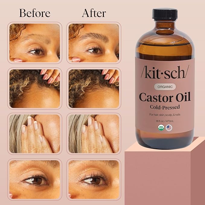 Kitsch Organic Castor Oil for Hair Growth - 100% Pure Castor Oil, Organic Cold Pressed Unrefined Glass Bottle for Face, Skin, Lashes, Brows, Scalp, Nails & Belly Button - Hexane Free, USDA - 16 oz-VivaGrace Women