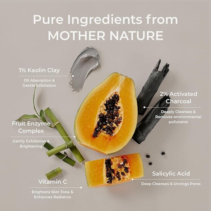 MOTHER MADE Charcoal Clay Enzyme Powder Vegan Facial Cleanser with Salicylic Acid, Vitamin C, Hyaluronic Acid, 2.47 oz, Super Gentle Exfoliating Face Scrub, Pore Cleansing Exfoliant, Natural