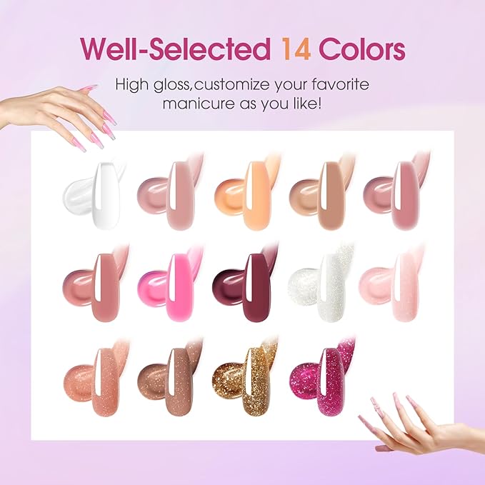 ROSALIND Poly Nail Gel Colors Kit -14 Colors +72 Nail Art Accessories kit Glitter Poly Nails Gel Kit Starter Kit with Mini UV Lamp Slip Solution Nude Pink Poly Nail Art for Beginners with Everything-VivaGrace Women