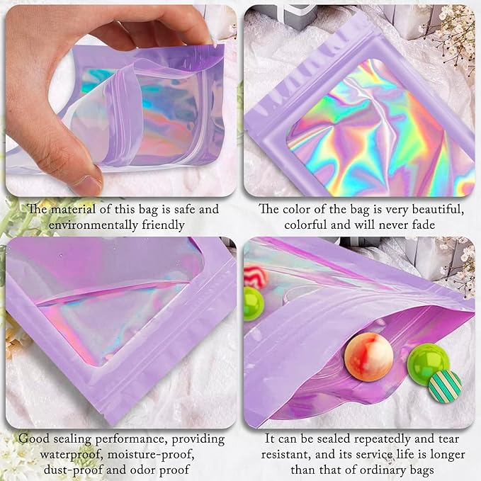 ANZNKU 100 Pcs Smell Proof Mylar Resealable Bags, Holographic Packaging Bags, Resealable Odor Foil Pouch Zip Bag with Clear Window for Food Storage and Lipgloss, Jewelry Lash (Purple, 5.5 x 7.9 Inch)-VivaGrace Women