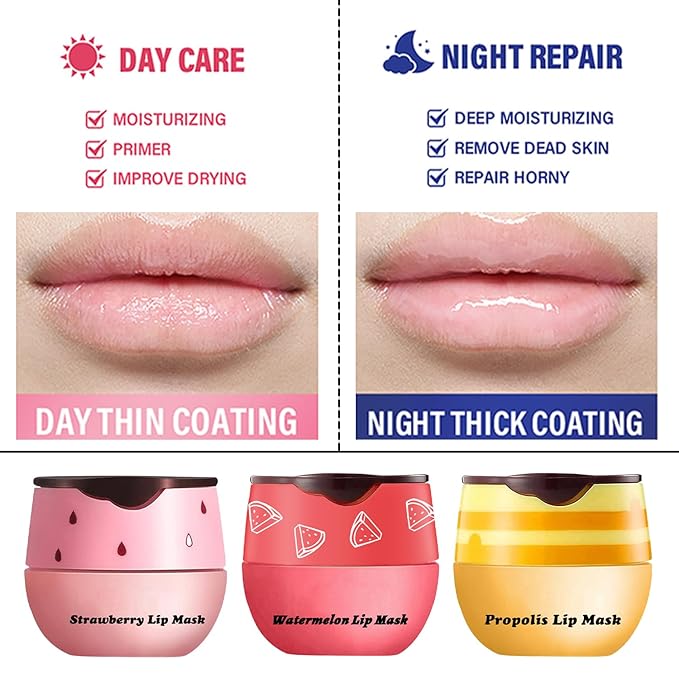 3 Pcs Honey Lip Balm, Bee Lip Balm Honey Pot,Moisturizing Lip Mask Overnight,Hydrate Repair Prevent Dry Cracked Lip Care (Honey+Strawberry+Watermelon)-VivaGrace Women