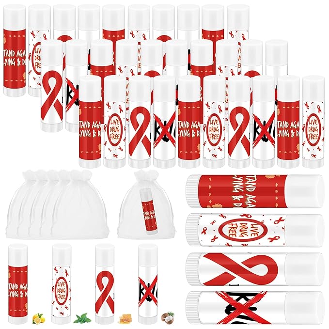 Fumete 50 Pcs Red Awareness Ribbon Lip Balm Bulks Red Ribbon Week Support Gift Red Ribbon Week Supplies Mental Health Awareness Items for Unisex Adults Volunteer Fundraising Charity Activity-VivaGrace Women