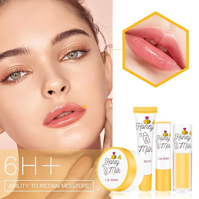 4 Piece Honey Milk Lip Mask Lip Balm Lip Scrub Lip Oil Lip Care Kit, Moisturizing & Nourishing Dry and Cracked Lips, Overnight Sleeping Lip Exfoliator Lip Moisturizer Lip Repair-VivaGrace Women