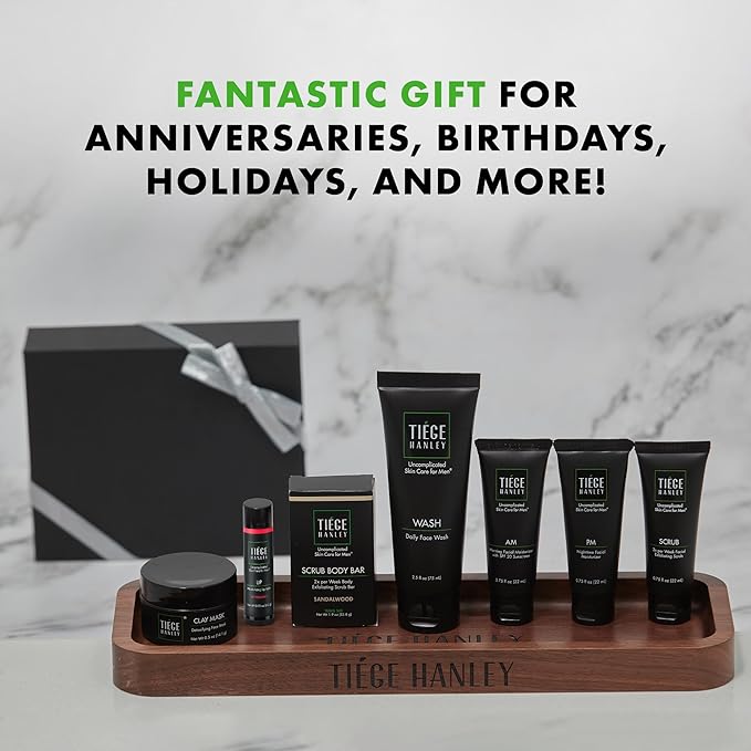 Tiege Hanley Mens Skin Care Gift Box Set, Silver - Men's Skincare Set Includes Face Wash, AM & PM Facial Moisturizer, Face Clay Mask & Scrub, Body Scrub Bar, & Moisturizing Lip Balm-VivaGrace Women