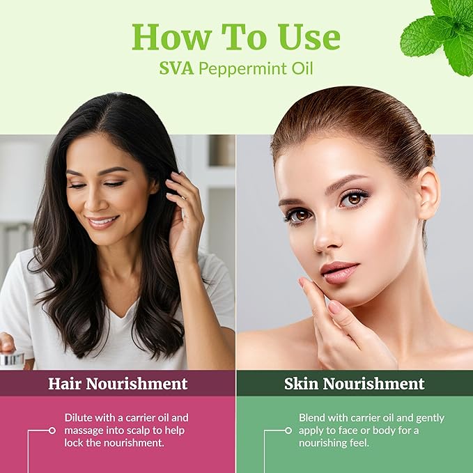 SVA Peppermint Essential Oil – 4 Fl Oz – 100% Natural Peppermint Oil - for Diffuser, Hair Care, Face, Skin Care, Aromatherapy, Scalp and Body Massage, Soap and Candle Making - with Dropper-VivaGrace Women