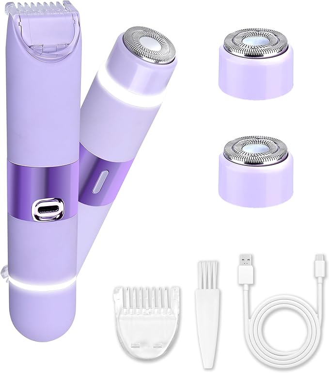 Bikini Trimmer for Women, Glow Aura Womens Shaver, Quiet Dual Head Waterproof Cordless Rechargeable Painless Trimmer for Underarms, Legs, Body (Purple)-VivaGrace Women