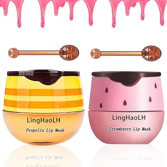 2PCS Bee Lip Balm,Hydrating Honey Pot Lip Balm with Stick,Non-Greasy Silky Sleeping Lip Mask Set,Long Lasting Lip Scrubs Moisturizer for Dry Cracked Lips（Honey ＋Strawberry）-VivaGrace Women
