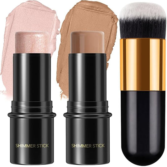 2Pcs Cream Contour Stick Makeup Kit, Cream Highlighter Stick and Bronzer Contour Stick with Longwear Waterproof Formula for Brightening and Trimming the Cheeks, Makeup Brush Include (#03, 09)-VivaGrace Women