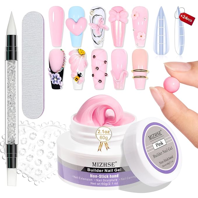 MIZHSE Solid Nail Builder Gel, 2.1 oz 60g Pink Builder Gels for Nails Non-Sticky Solid Builder Extensions Hard Gel with 24pcs Dual Forms and Silicone Pen 3D Art Manicure Set-VivaGrace Women