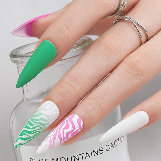 Extra Long Press on Nails XXL Pink and Green, Jofay Fashion Fake Nails with Designs, False Nails with Glue, Stick on Nails for Women Girls, Natural & Reusable, Acrylic Nail Tips, Alps, 24pcs