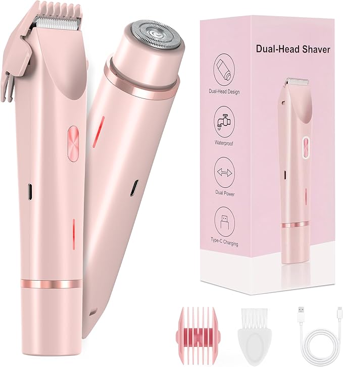 Bikini Trimmer for Women-2 in 1 Dual Head Electric Razors,USB Rechargeable Bikini Electric Shaver,IPX7 Waterproof Dry & Wet Use Body Hair Trimmer and Facial Hair Remover for Underarm Leg Body,Pink-VivaGrace Women