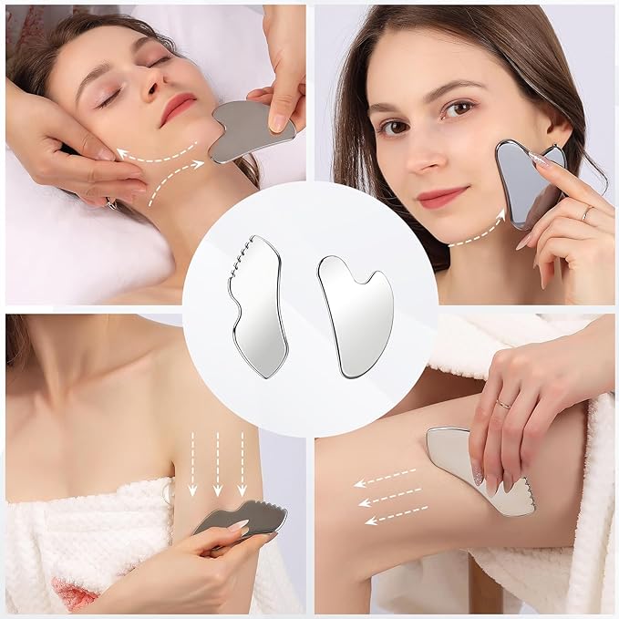 2Pcs Stainless Steel Gua Sha Facial Tools Set, Metal Face Comb Detail Skin Care Tools, Body and Face Gua Sha Sculpting for Tighten Skin Lymphatic Drainage-VivaGrace Women