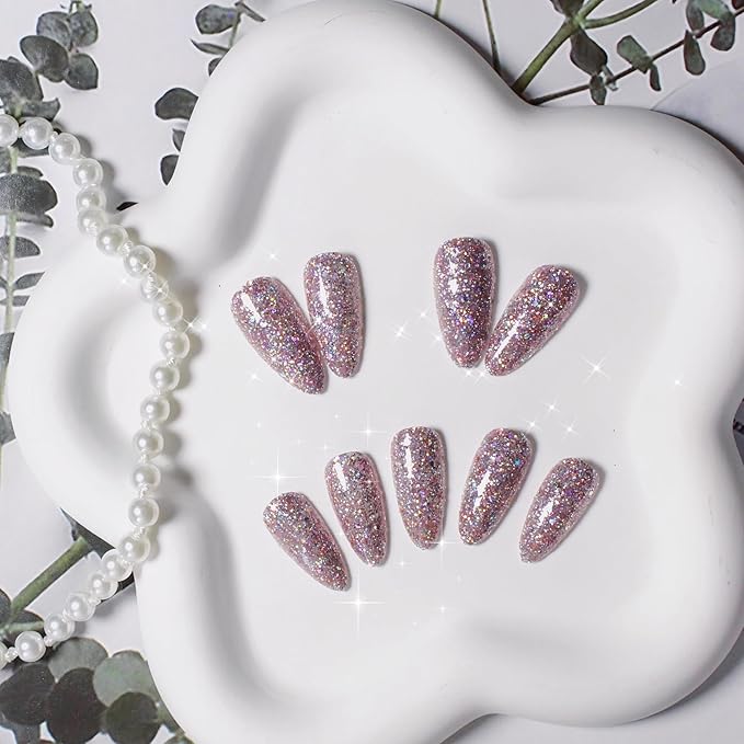 Light Pink Glitter Press on Nails Medium Almond Shape,KQueenest Iridescent Shimmer Acrylic Fake Nails,Sparkling Gel Nails Press ons,Glossy Flash Glue on Nails Medium False Nails with Designs in 24 PCS