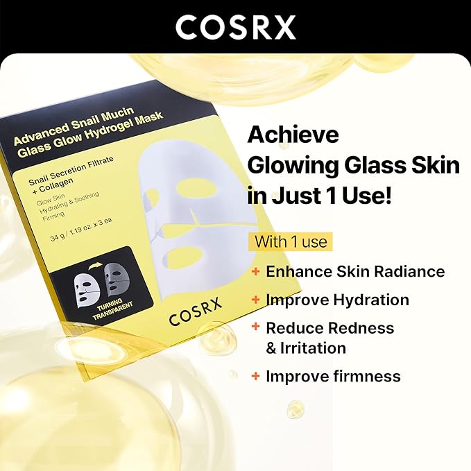 COSRX Advanced Snail Mucin Glass Glow Hydrogel Face Masks Skincare 3 EA, Collagen Face Mask, Travel Essentials, Overnight Face Mask, Korean Skin Care-VivaGrace Women