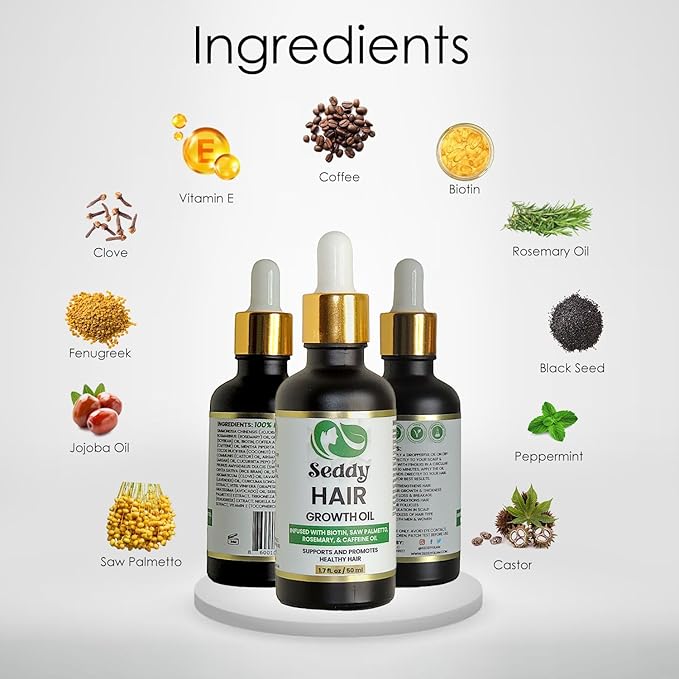 Seddy Hair Growth & Strengthening Oil with Caffeine, Rosemary, Castor, Biotin, Peppermint, Argan & Jojoba Oils - 1.7 Fl. Oz (Pack of 1)-VivaGrace Women