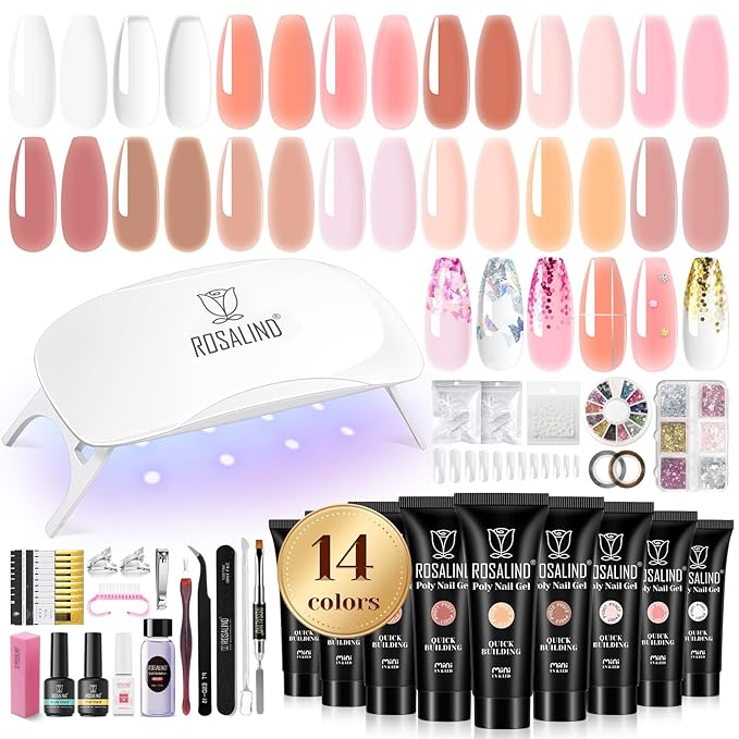 ROSALIND Poly Nail Gel Kit -14 Colors +72 Nail Art Accessories kit Nude Pink Poly Nails Gel Kit Starter Kit with Mini UV Lamp Slip Solution Basic Poly Nail Art Tools for Beginners with Everything-VivaGrace Women