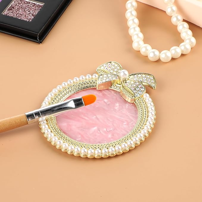 Resin Nail Art Palette, Nail Art Painting Mixed Color Palette Bow Decorated Nail Art Display Board with Pearls Nail Art Supplies Makeup Foundation Mixing Palette Manicure Tool-VivaGrace Women