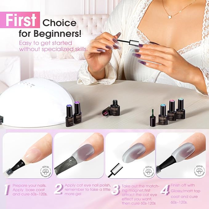 ROSALIND Cat Eye Gel Nail Polish, 8 Color Jelly Gel Polish with Magnet Stick Magnetic Cateye Translucent Effect Sheer Glitter Collection Manicure Gifts for Women-VivaGrace Women