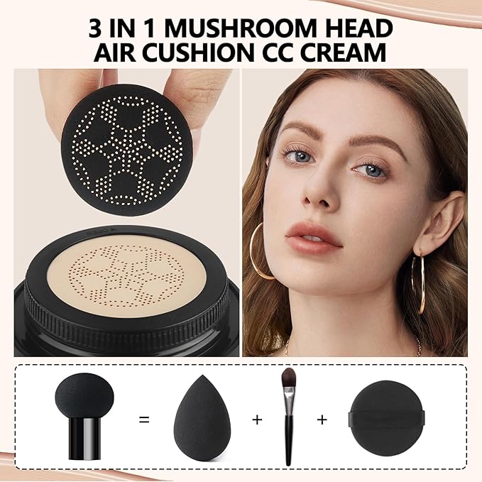 Mushroom Head Air Cushion CC Cream Strong Concealer 2PC,Face Makeup Cushion Foundation Long Lasting,Moisturizing BB Cream Makeup Base Primer Even Skin Tone for All Skin Types (2PC 03, 200g)-VivaGrace Women