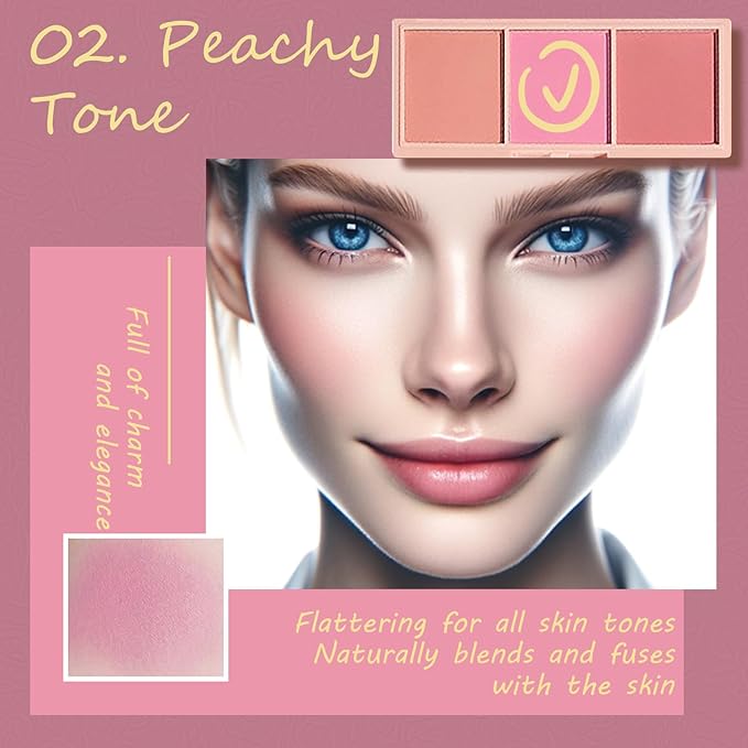 3 Color Matte Pink Blush Palette with Brush, Long Lasting Cheek Makeup, Smooth and Light Blush Powder for Face Beauty-VivaGrace Women