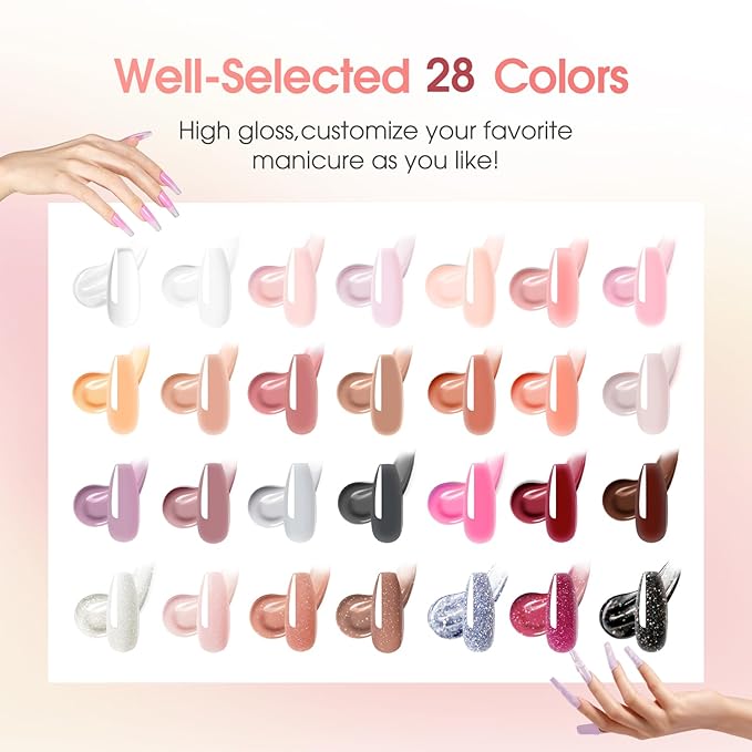 ROSALIND 28 Colors Poly Nail Gel Kit with Mini U V/LED Lamp White Nude Poly Nails Gel Kit Starter Kits With Slip Solution Pink Extensions Set for Nail Manicure Beginner-VivaGrace Women