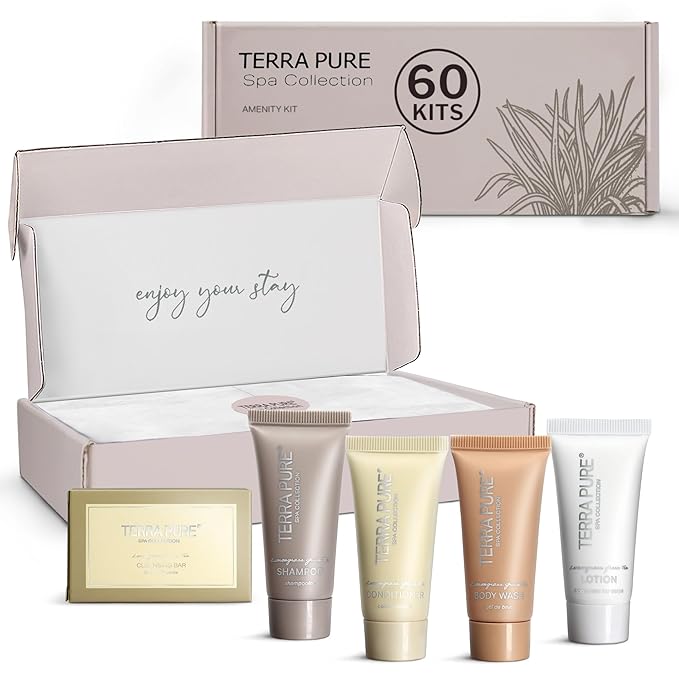 Terra Pure Spa Collection Amenity Kit | Hotel Toiletries | Bulk Set 0.85 oz Travel Size Shampoo,Conditioner, Lotion,Body Wash & Massage Bar for Guest Hospitality AirBnB/Vacation Rentals | 60 sets/case-VivaGrace Women