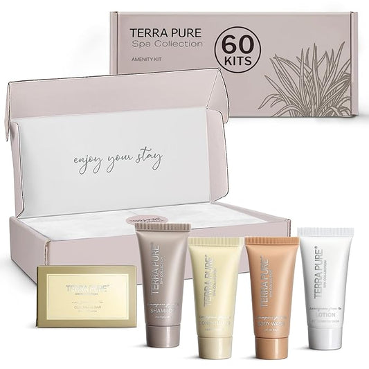 Terra Pure Spa Collection Amenity Kit | Hotel Toiletries | Bulk Set 0.85 oz Travel Size Shampoo,Conditioner, Lotion,Body Wash & Massage Bar for Guest Hospitality AirBnB/Vacation Rentals | 60 sets/case-VivaGrace Women
