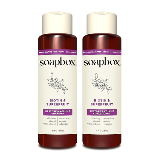 Soapbox Biotin & Superfruit Shampoo & Conditioner Set with Vegan Collagen, Aloe and Shea Butter, Pack of 2 Harsh Sulfate Free, Paraben & Silicone Free, 16 Ounces Each-VivaGrace Women
