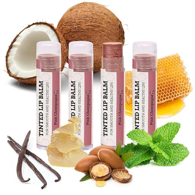 Tinted Lip Balm by Earth’s Daughter – 4 Pack of Pink Champagne Color – Beeswax, Coconut Oil, Cocoa Butter, Vitamin E – Moisturize and Beautify – Paraben Free-VivaGrace Women