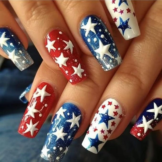 Independence Day Press on Nails Medium Square Fake Nails with White Star Design Red Blue Glitter Stick on Nails Summer False Nails Glossy 4th of July Acrylic Nails for Women Girls Manicure 24Pcs