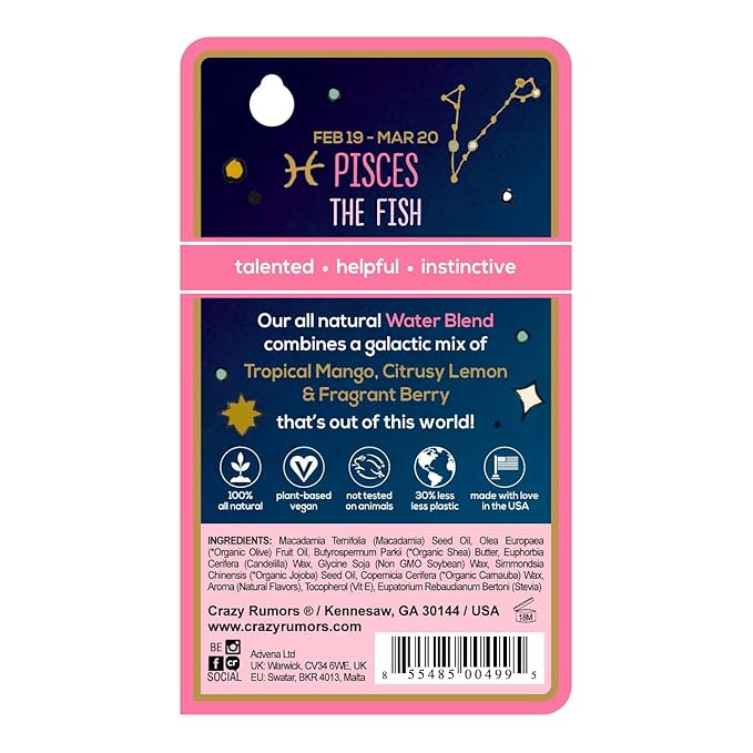 Crazy Rumors Pisces Zodiac All Natural, Plant Based Lip Balm to Moisturize and Nourish your Lips - Water Blend (Tropical Mango, Citrus Lemon, and Fragrant Berry)-VivaGrace Women