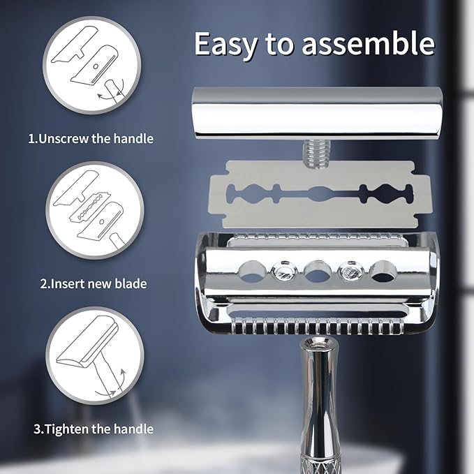 Shiny Silver Double Edge Safety Razor, Single Blade Razors for Men and Women, with 10 Stainless Steel Safety Razor Blades, Reusable, Smooth and Close Wet Shaving Kit, Plastic Free-VivaGrace Women