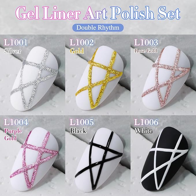 Double Rhythm 6 Pcs 15 ML Gel Liner Polish Nail Art Set Chrome Metallic Glitter Soak Off Gel Polish Kit Nail Art Manicure Salon DIY at Home for Women (Gold Silver Black White-T6-52)-VivaGrace Women