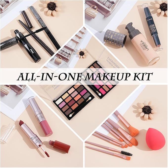 All in One Makeup Kit for Women Full Kit, Includes Eyeshadow,Foundation,Eyeliner,Mascara,Eyebrow pencil,Contour Stick, Makeup Brush, Makeup Sponge, Make Up Gift Set for Women, Teens-VivaGrace Women
