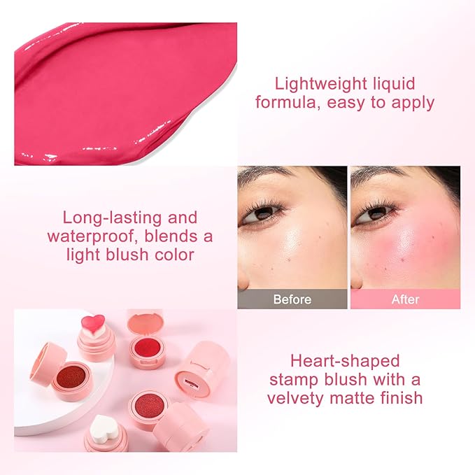 Boobeen Liquid Blush for Cheeks, Buildable & Blendable Face Blusher, Cheek Stamp Blush with Heart-shaped Applicator, Lightweight Air Cushion Blush for Velvet Matte Finish-VivaGrace Women